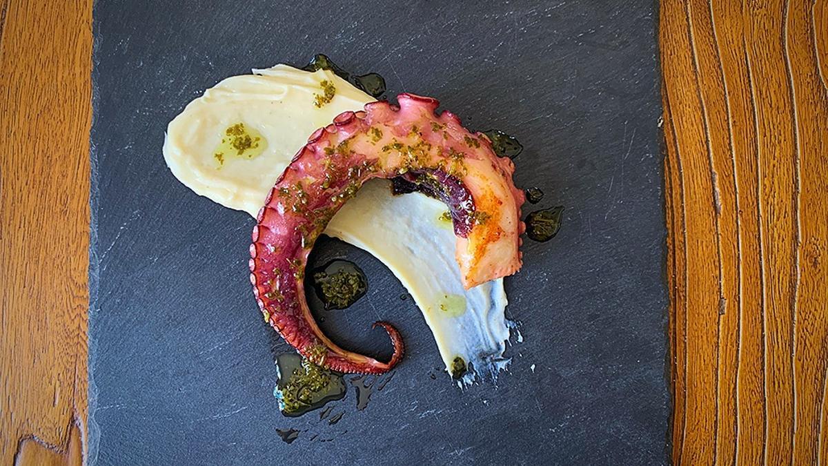 Pulpo, mojo verde y parmentier de papa.