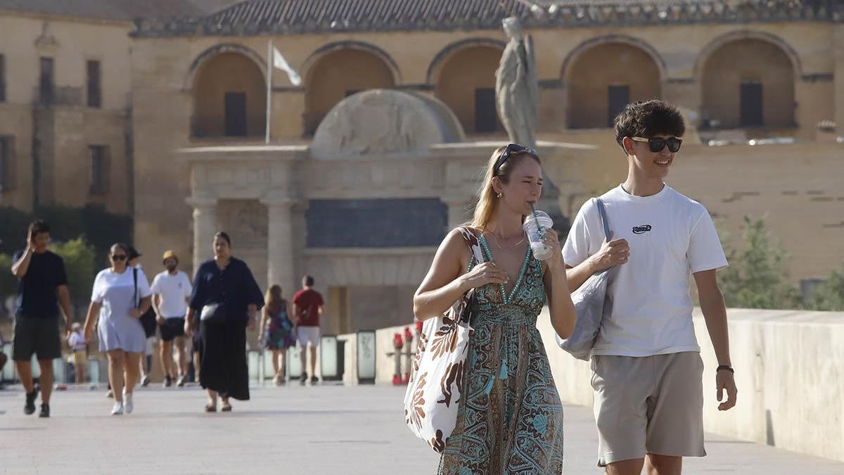 Dos jóvenes pasean por el Puente Romano.