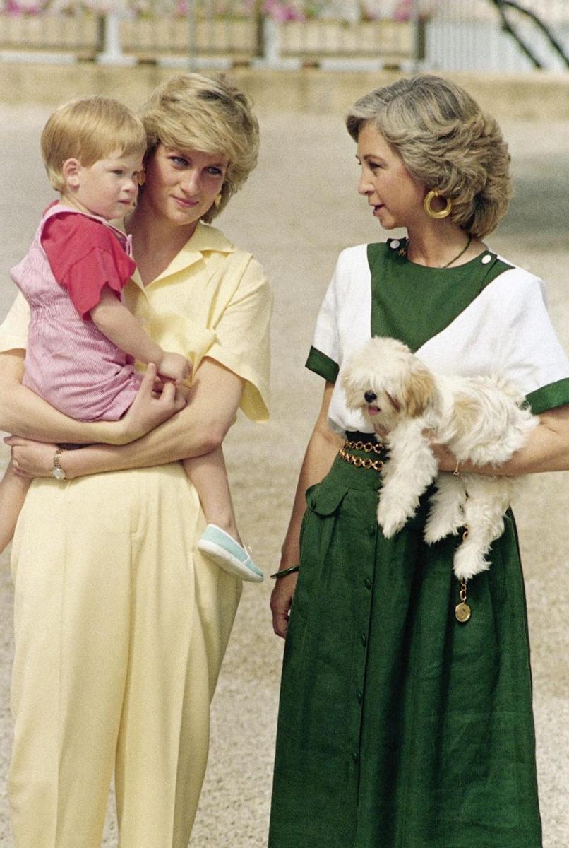 Diana de Gales con su hijo Harry en brazos junto a la reina Sofía