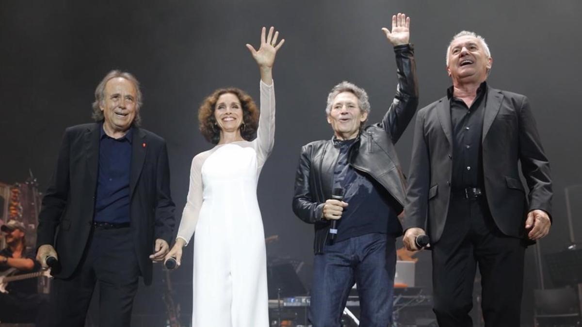 Concierto de Ana Belén, Joan Manuel Serrat, Víctor Manuel y Miguel Ríos en la gira ' EL GUSTO ES NUESTRO ' , en el Palau Sant Jordi de Barcelona.