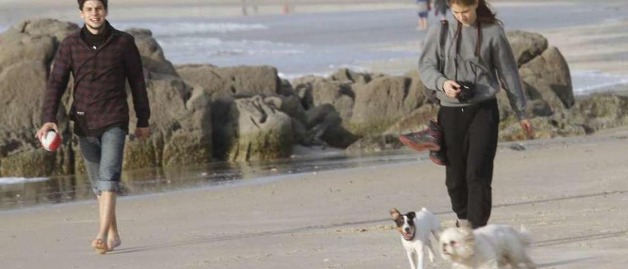 Dos jóvenes pasean con sus perros por una playa donde están permitidas las mascotas. // FdV