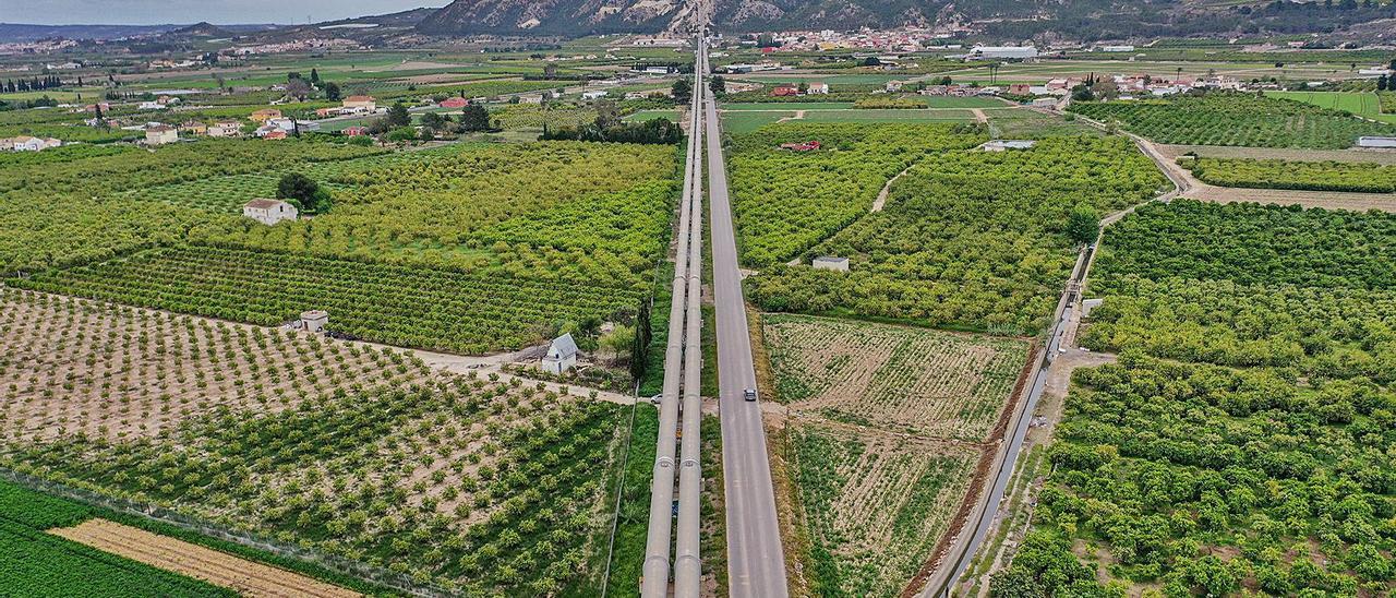 Imagen aérea de los tubos del postrasvase a su paso por la huerta de Orihuela. | TONY SEVILLA