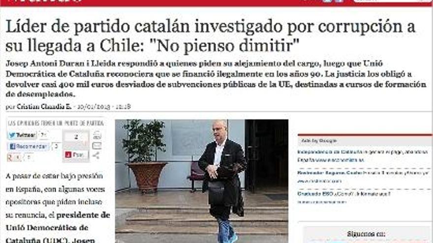 La informació del diari &quot;La Tercera&quot; de Xile, poc després que Duran aterrés a Santiago.