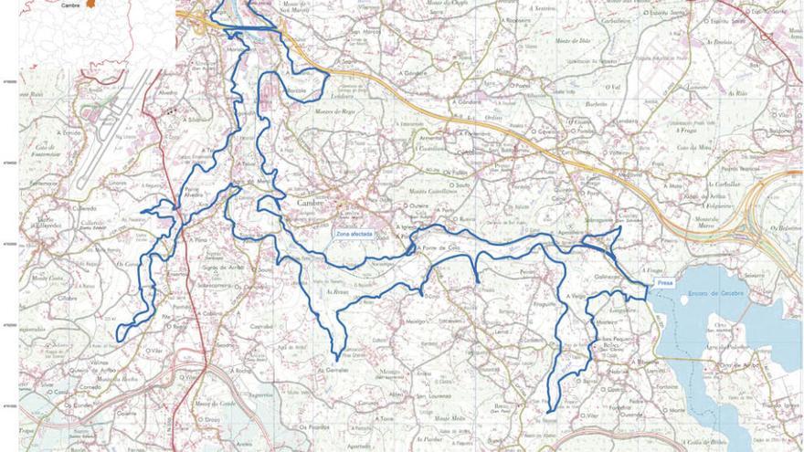 Delimitada en azul, zona afectada por el plan de emergencias de la presa de Cecebre.