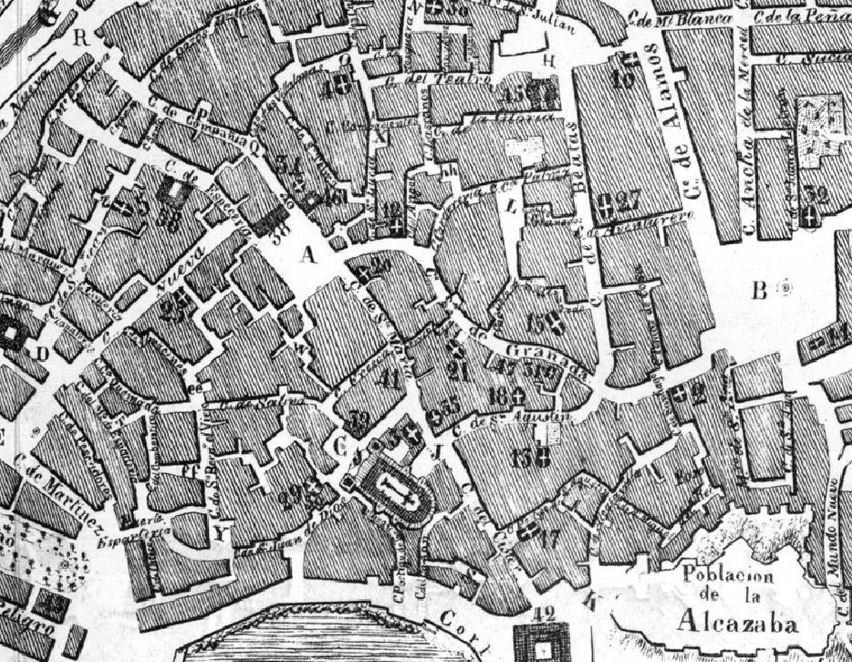 Fragmento plano de Málaga en 1838, con la zona donde se encontraba el convento de San Bernardo (número 15), manzana en la que se instalaron entre otros negocios el Café Universal