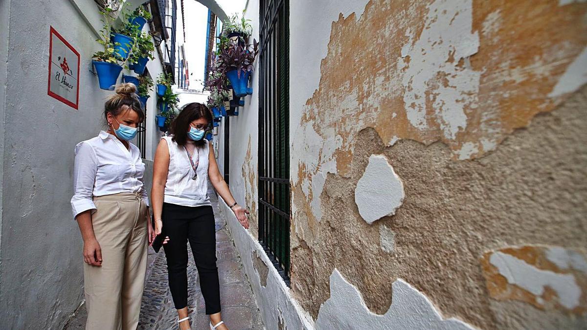 Desperfectos. Comerciantes señalan los desconchones de una de las fachadas en la Calleja de Las Flores.