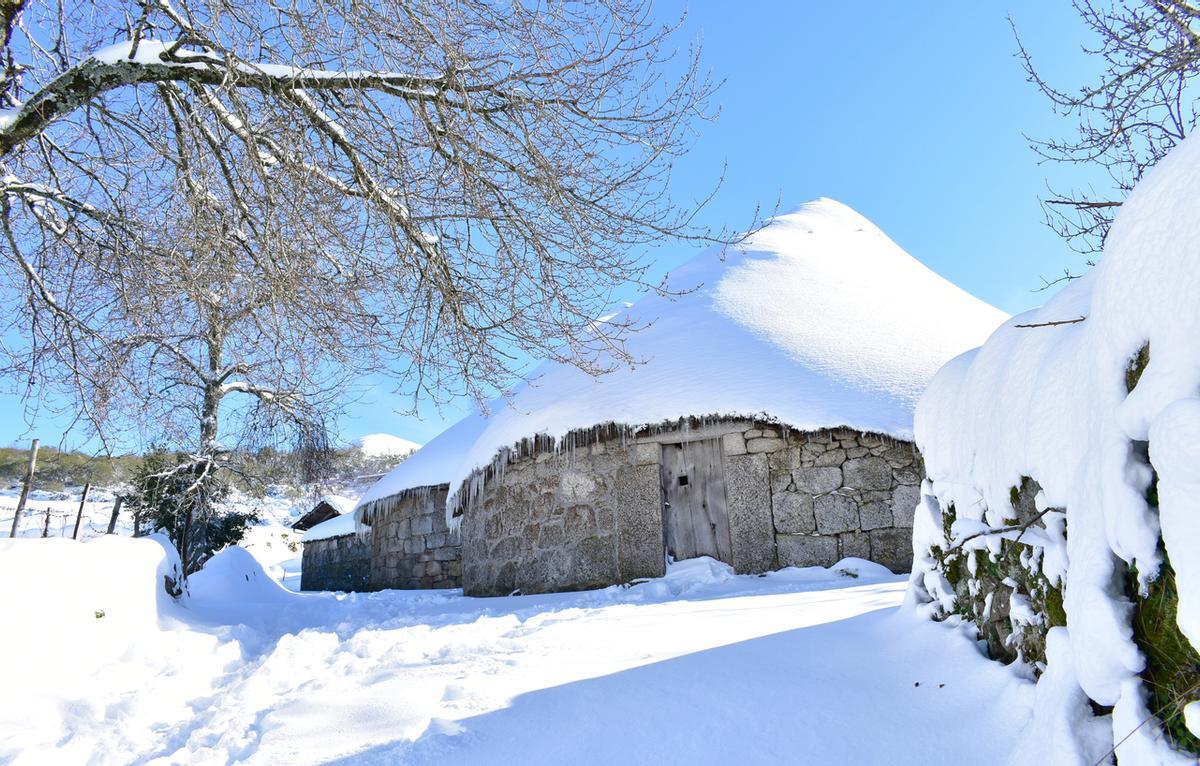 La nieve sobre una de las pallozas de Piornedo