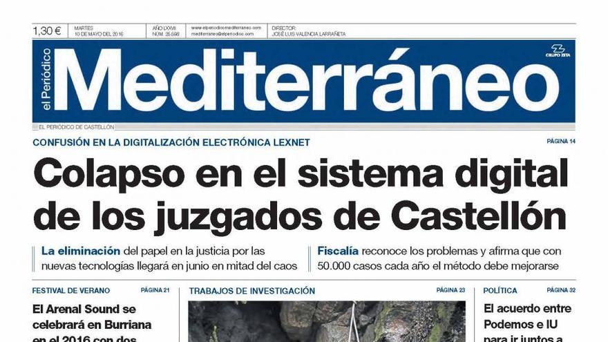 Colapso en el sistema digital de los juzgados de Castellón, hoy en la portada de Mediterráneo