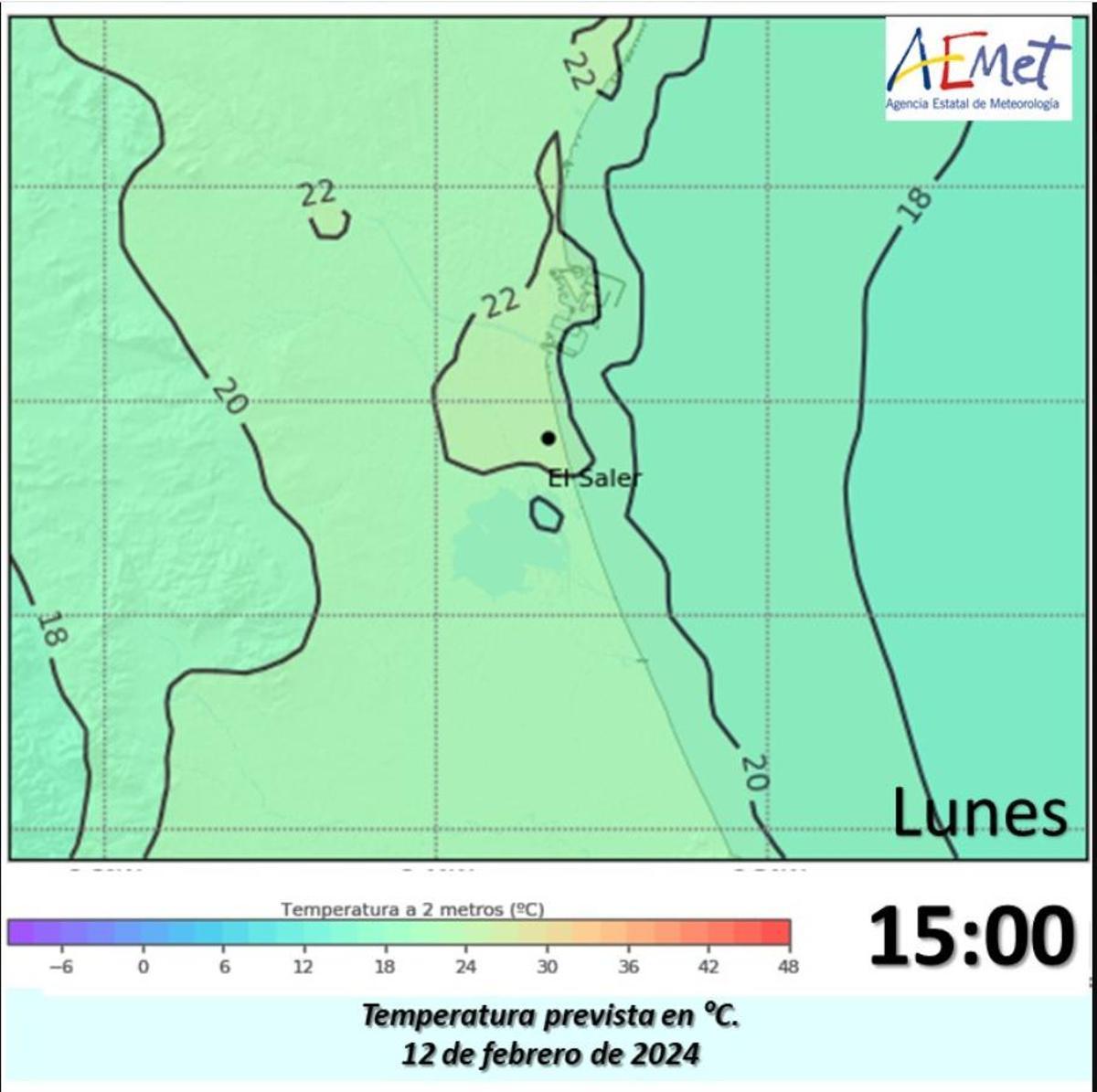 Mapa de temperatura en la zona de El Saler a las 15.00