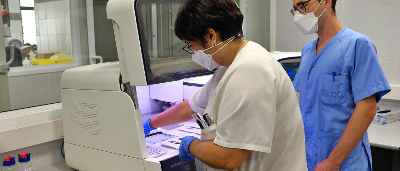 La técnica responsable del área de Secuenciación, Nereida González, junto al microbiólogo Francisco Javier Chamizo, en el Hospital Universitario de Gran Canaria Doctor Negrín. | | JOSÉ CARLOS GUERRA