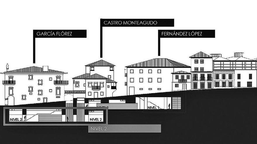 Plano en el que se pueden observar los sótanos que conectarán los tres edificios.