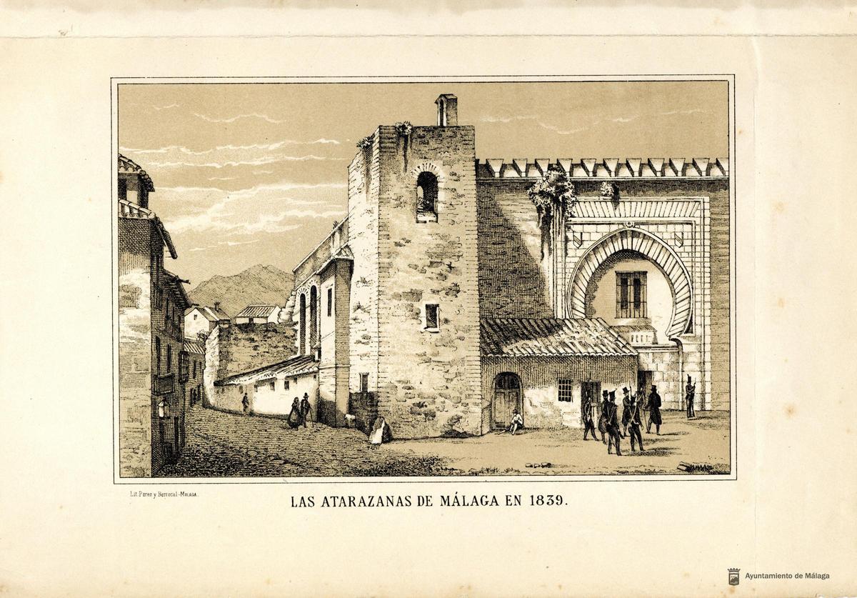 Grabado de las Atarazanas malagueñas entre la calle Atarazanas y la plaza Arriola.