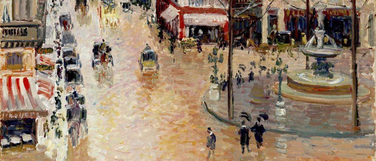 Detalle do cadro &quot;Rúa St. Honoré pola tarde. Efecto de chuvia&quot;, de Camille Pissarro (1897).