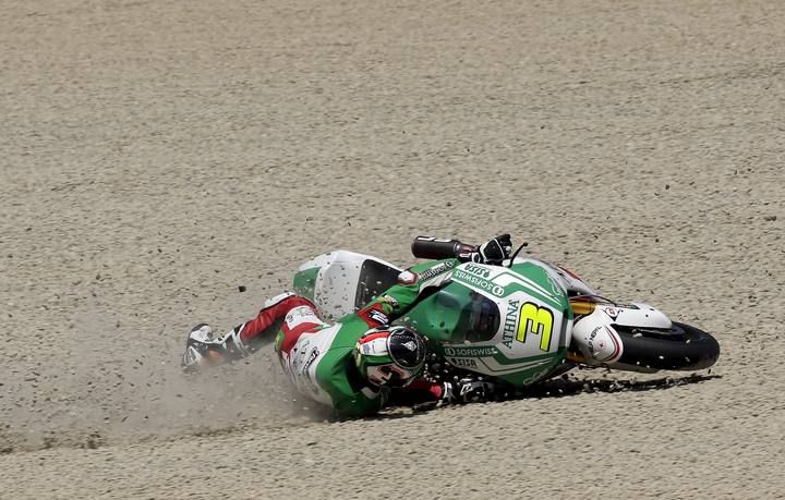 Kalex Moto2 driver Simone Corsi of Italy crashes during the Italian Grand Prix at the Mugello circuit