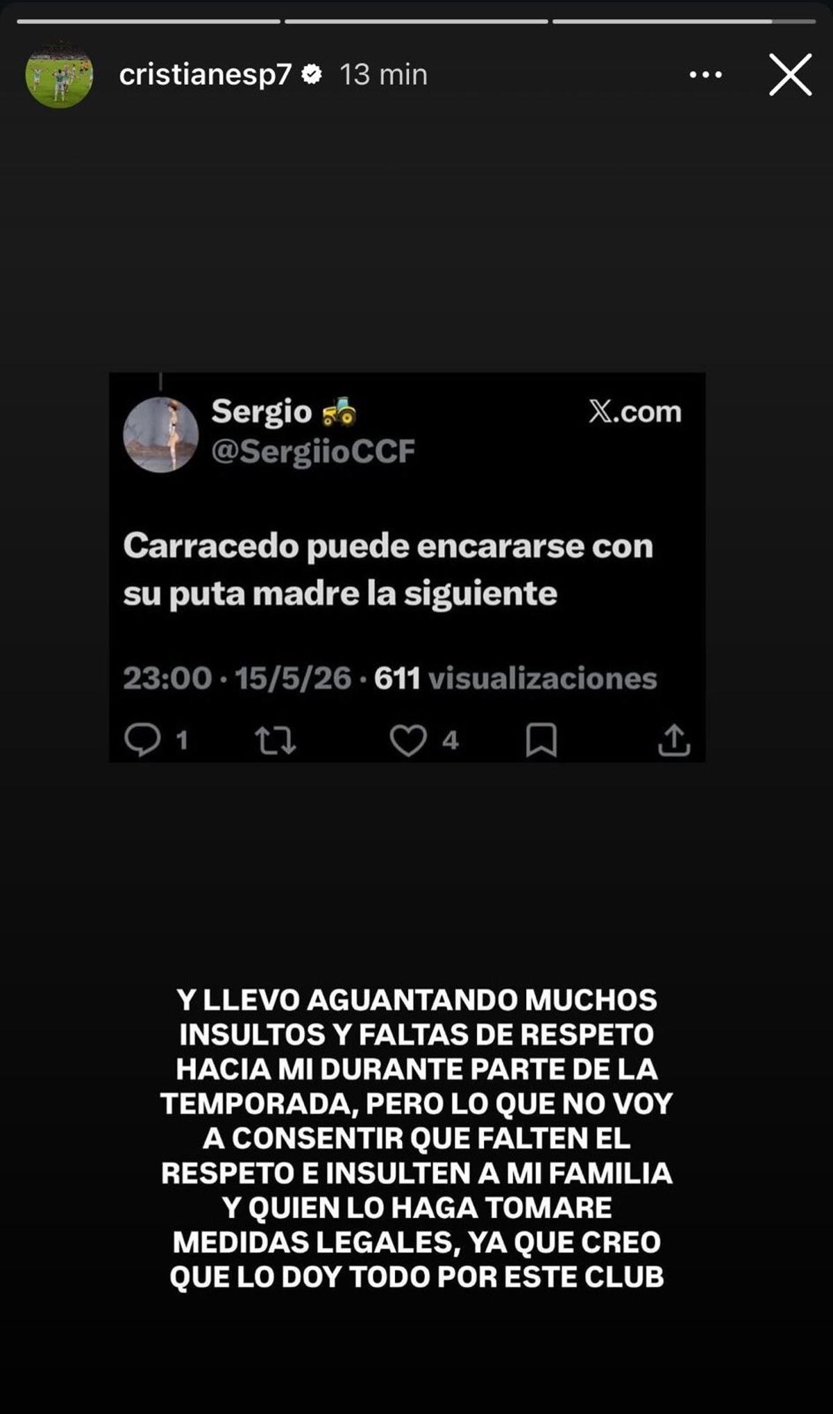 El escrito de Christian Carracedo a través de redes sociales, tras el partido.