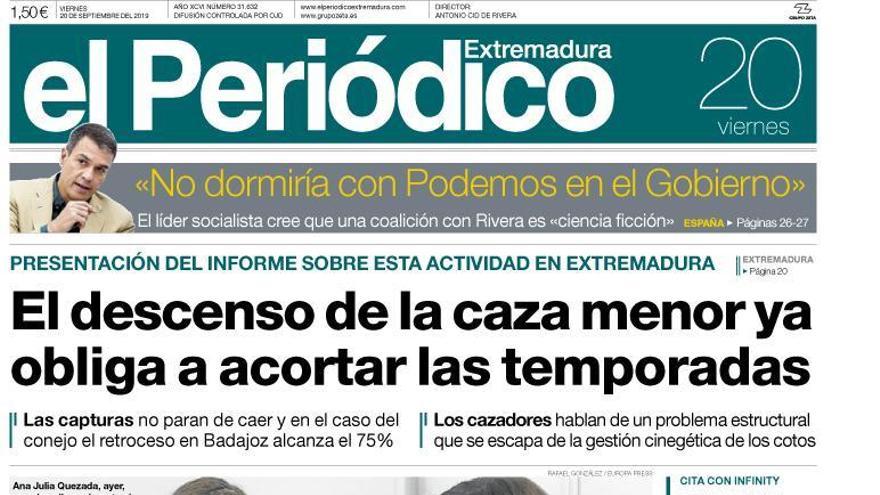 Esta es la portada de EL PERIÓDICO EXTREMADURA correspondiente al día 20 de septiembre del 2019