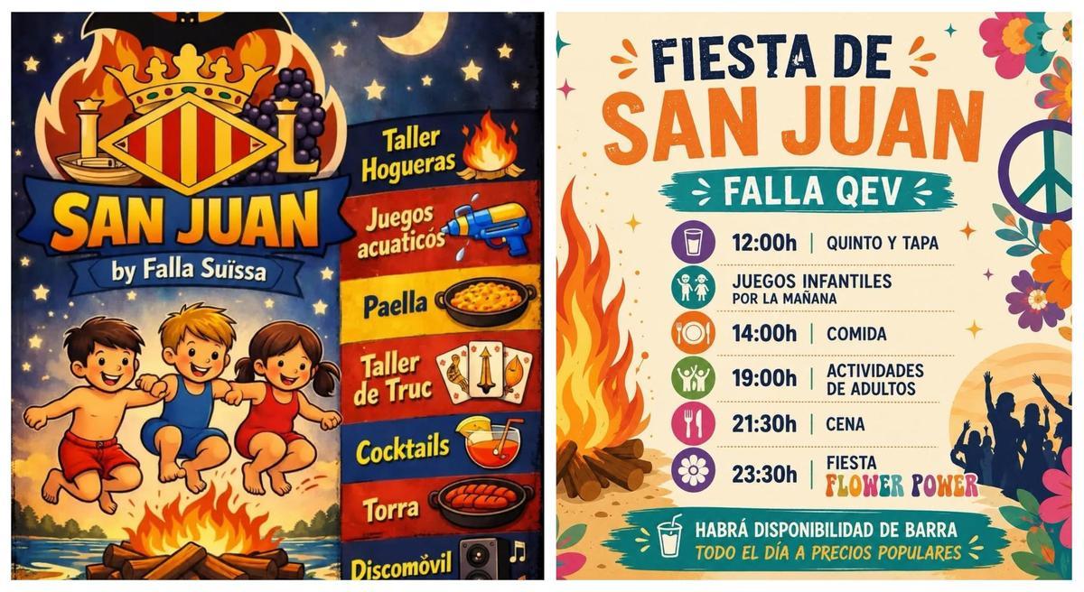 Carteles de dos de las fiestas falleras de San Juan: Suïssa-Alquería del Favero y Quart Extramurs