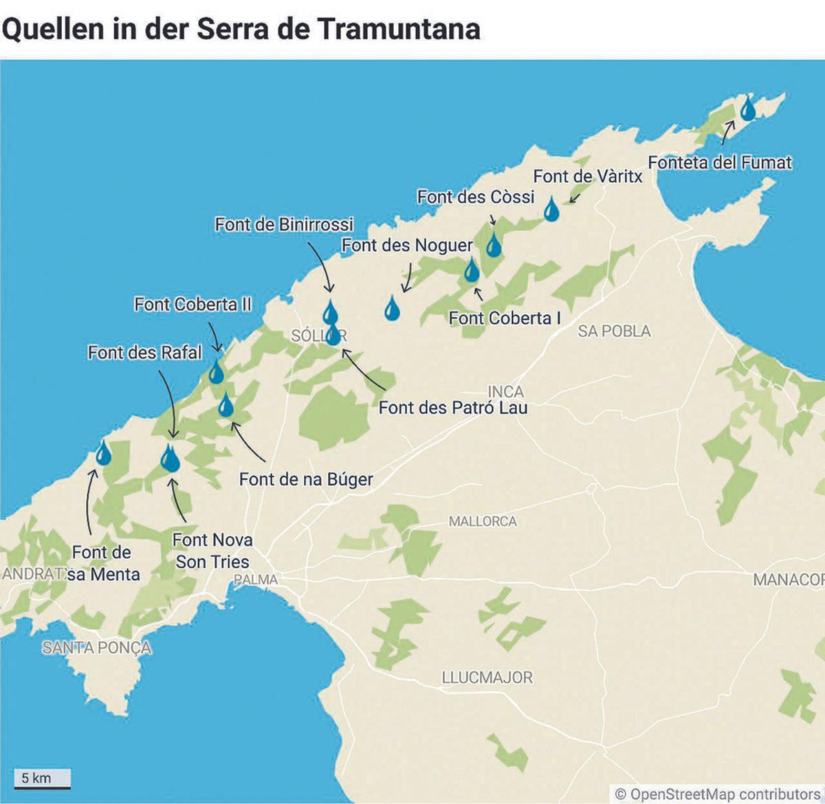 Die Standorte der hier beschriebenen Quellen in der Serra de Tramuntana.  | QUELLE: FONTSDETRAMUNTANA.COM