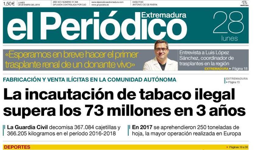 Esta es la portada de EL PERIÓDICO EXTREMADURA correspondiente al día 28 de enero del 2019