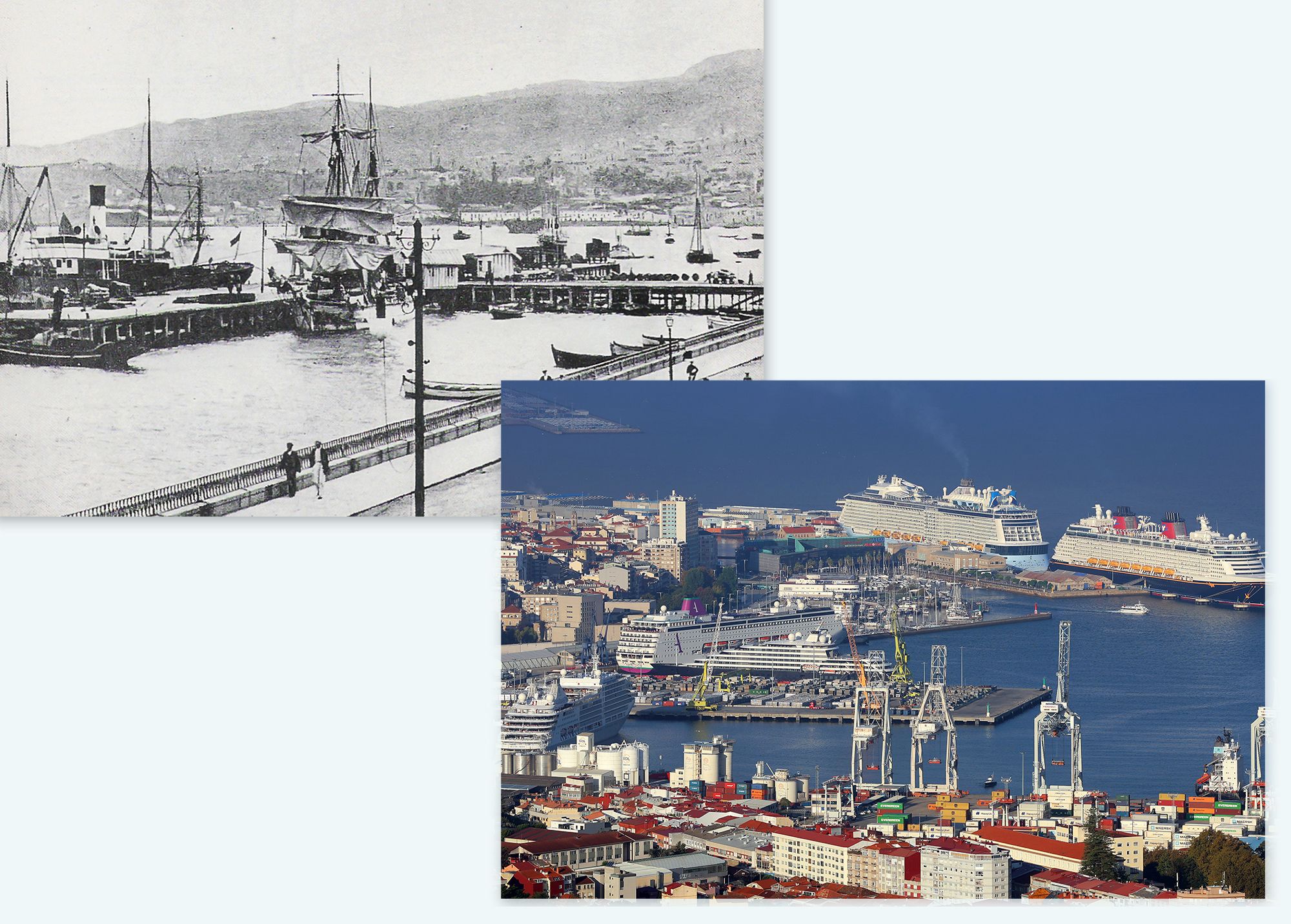 El viejo muelle de hierro en 1953 y la escala de récord de 5 cruceros este verano. / ARCHIVO y M. G. Brea