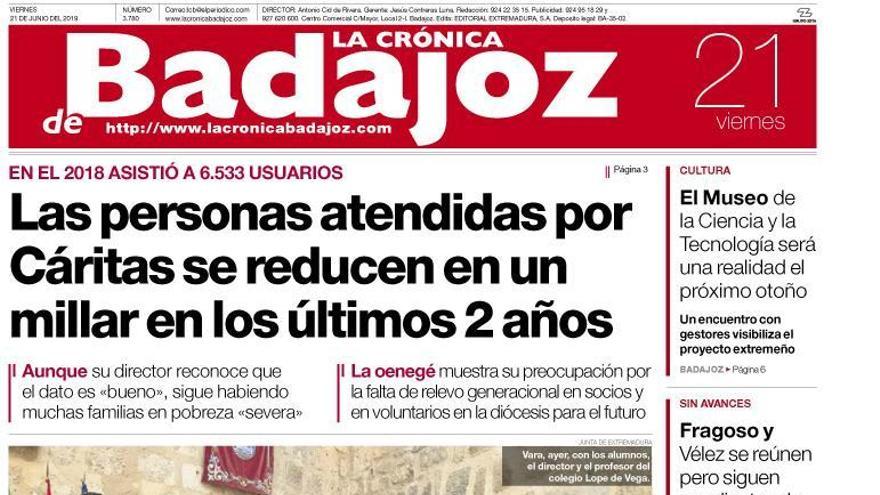 Esta es la portada de LA CRÓNICA DE BADAJOZ correspondiente al día 21 de junio del 2019