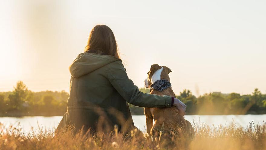 Una mujer disfruta de una puesta de sol con su mascota.