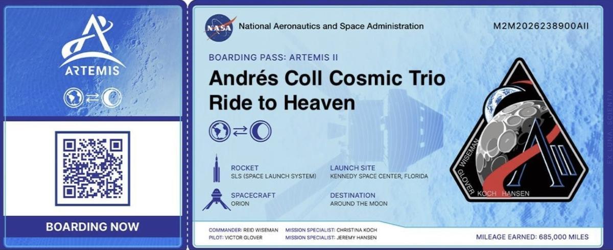 El 'boarding pass' de la NASA con los nombres de Andrés Coll Cosmic Trio y 'Ride to Heaven' como tripulantes virtuales de la misión Artemis II.