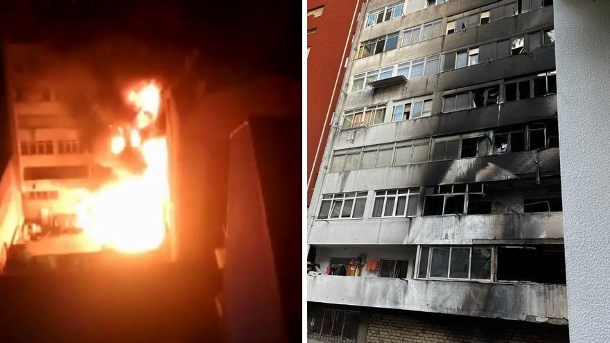 El antes y el después del incencio que alcanzó cuatro plantas de un edificio en Vigo