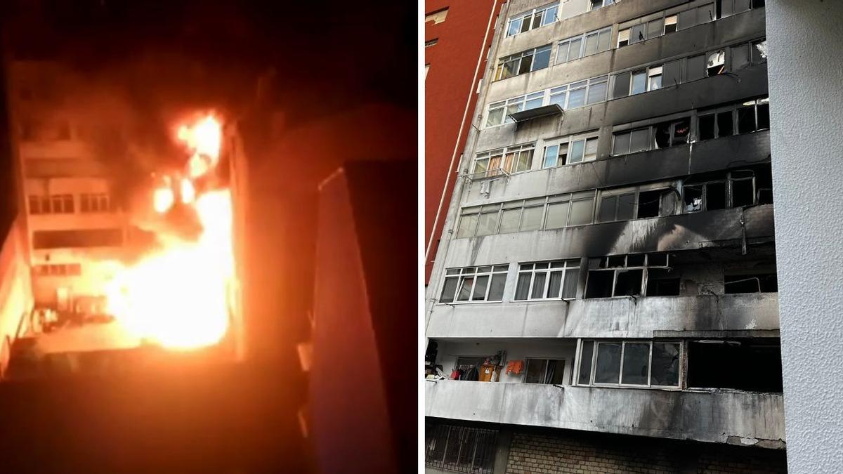 Captura del vídeo que muestra cómo las llamas subieron desde un bajo hasta la fachada de este edificio de la calle Escultor Gregorio Fernández en el que se vieron afectadas cuatro plantas.