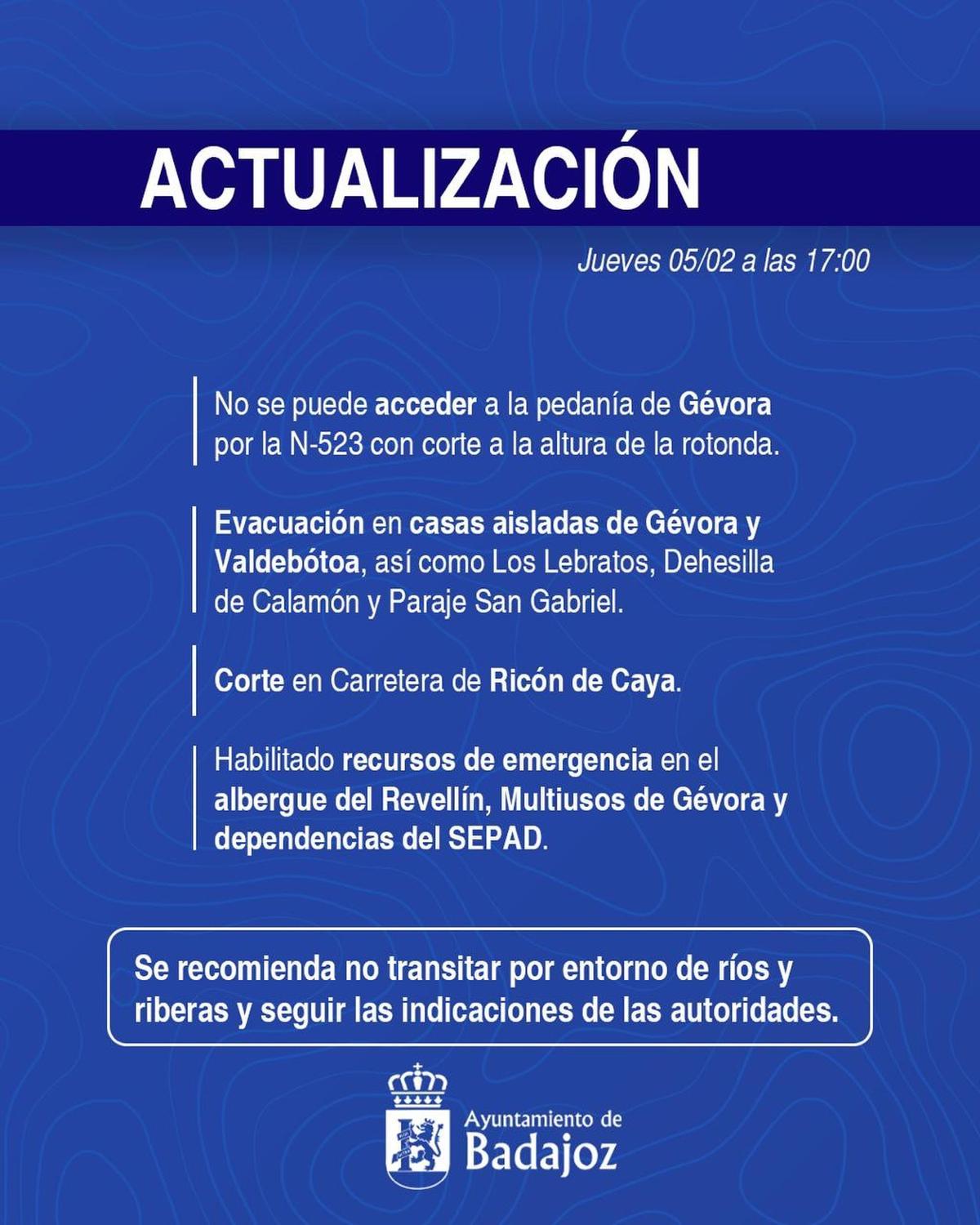 Actualización sobre los cortes de carreteras y evacuaciones en Badajoz.