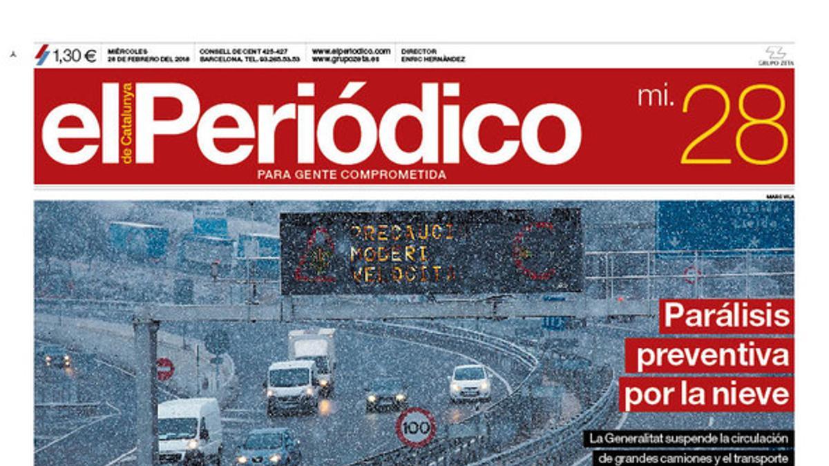 La portada de EL PERIÓDICO DE CATALUNYA del 28 de febrero del 2018