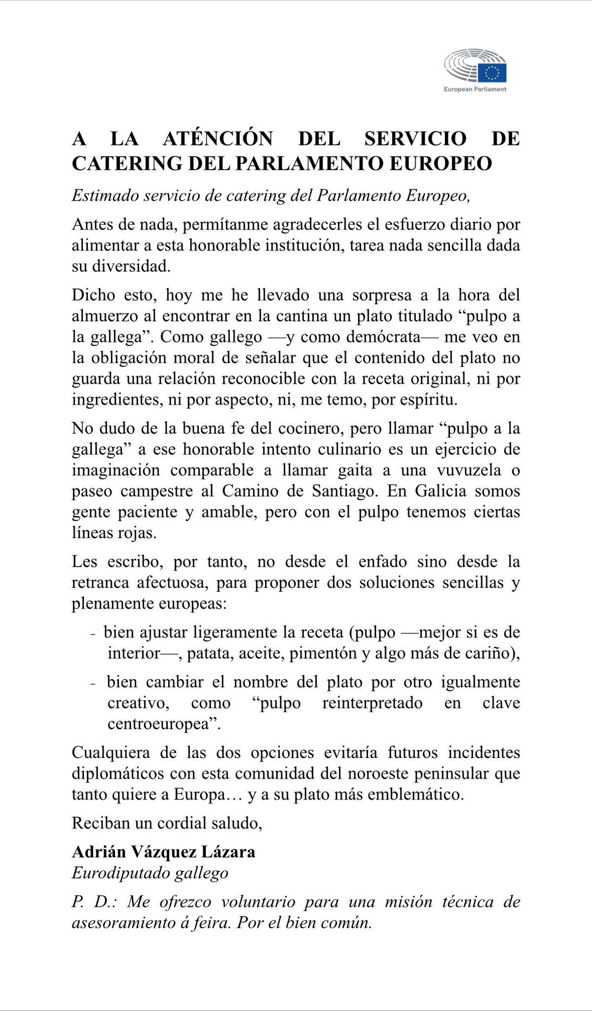La carta del eurodiputado.