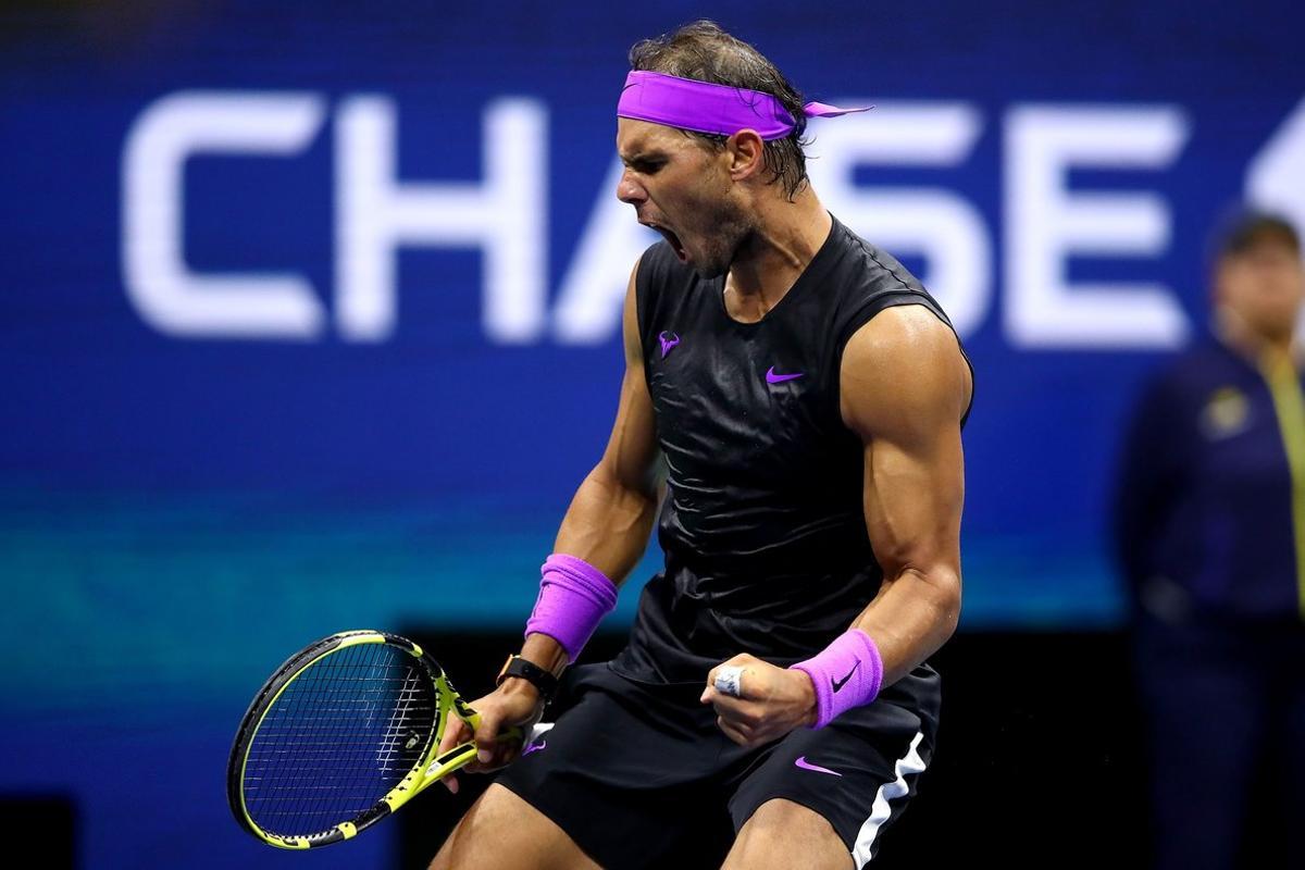 NEW YORK, NEW YORK - SEPTEMBER 02: Rafael Nadal of Spain celebrates a point during his Men’s Singles fourth round match against Marin Cilic of Croatia on day eight of the 2019 US Open at the USTA Billie Jean King National Tennis Center on September 02, 2019 in Queens borough of New York City.   Clive Brunskill/Getty Images/AFP