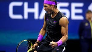 NEW YORK, NEW YORK - SEPTEMBER 02: Rafael Nadal of Spain celebrates a point during his Men’s Singles fourth round match against Marin Cilic of Croatia on day eight of the 2019 US Open at the USTA Billie Jean King National Tennis Center on September 02, 2019 in Queens borough of New York City.   Clive Brunskill/Getty Images/AFP