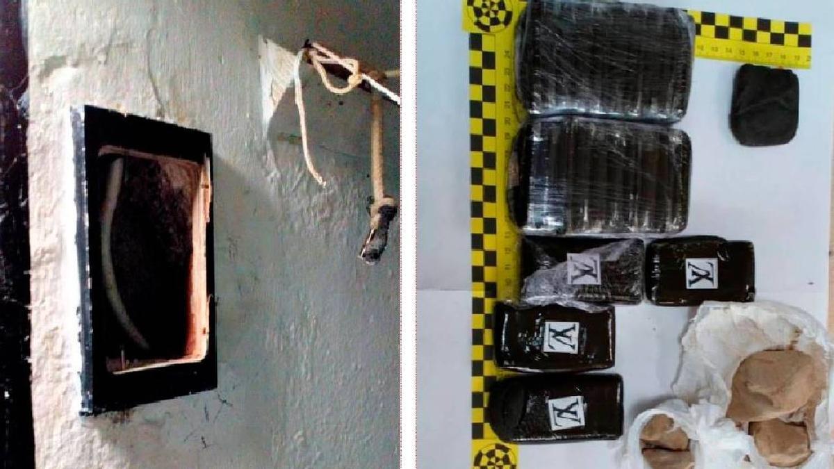 Drogas decomisadas el 9 de junio de 2020 en Tenerife II y hueco en una celda en la que se ocultaban.