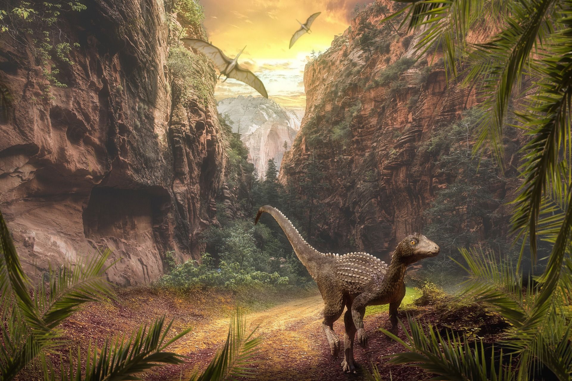 Recreación de un paisaje en la época de los dinosaurios.