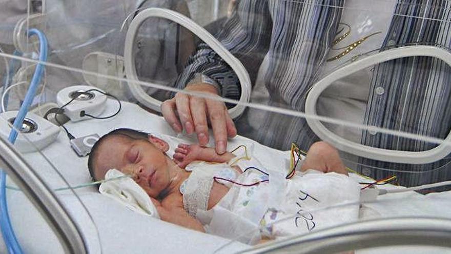 Un bebé recién nacido en una incubadora de un hospital.