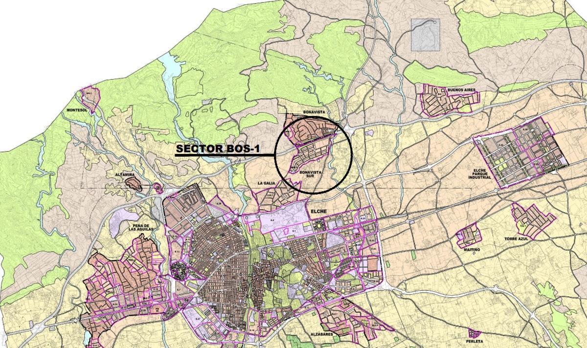 La ubicación del nuevo sector residencial de Elche que se tramita junto a Bonavista