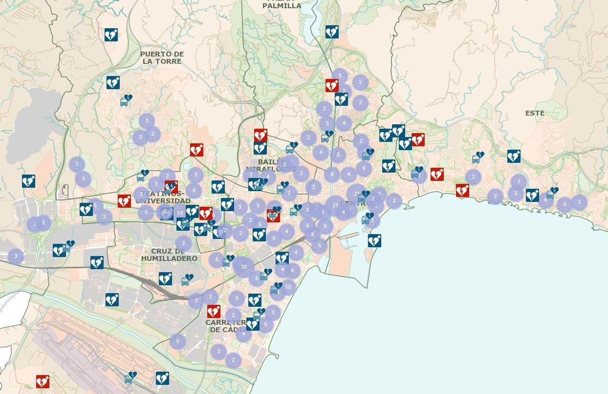 Mapa de desfibriladores municipales en Málaga.