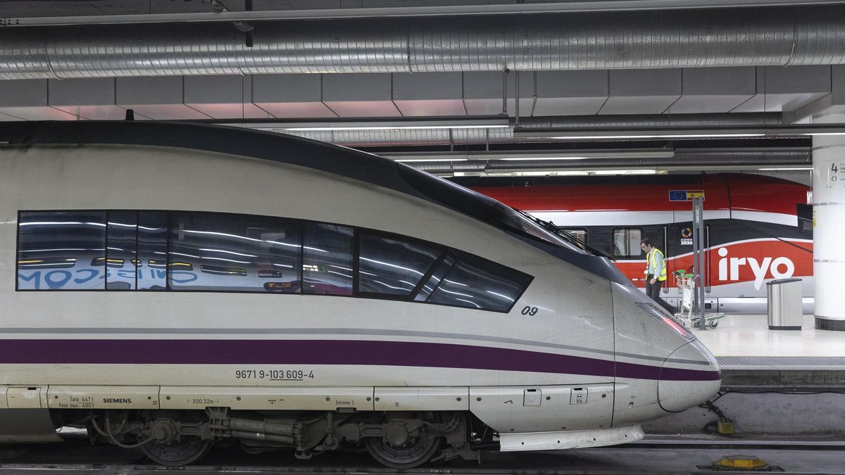 Un tren de alta velocidad AVE y otro de Iryo en la Estació de Sants
