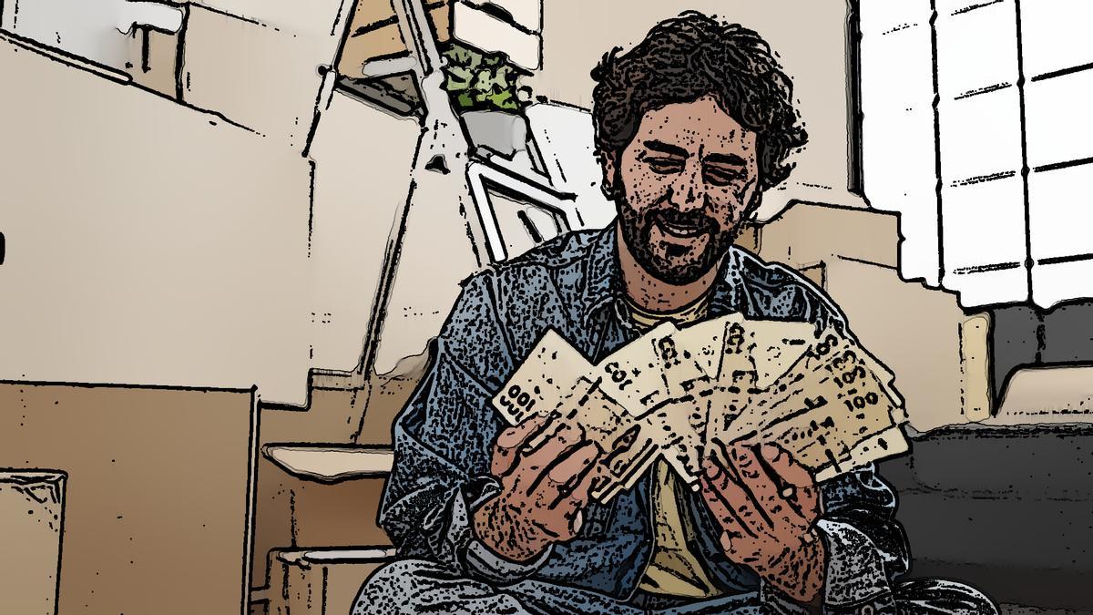 Ilustración que representa a un joven tras recibir dinero por mudarse de casa.