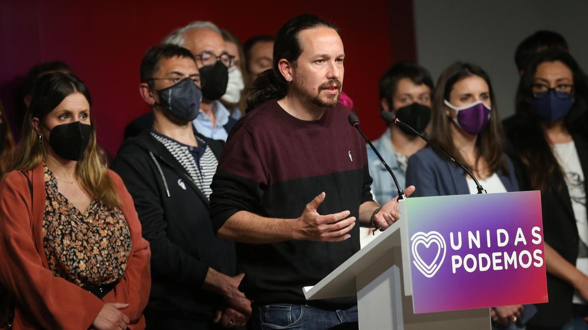El candidato de Unidas Podemos a la presidencia de la Comunidad de Madrid y secretario general de Podemos, Pablo Iglesias, durante una rueda de prensa tras las votaciones de la jornada electoral, del 4 de mayo en Madrid.