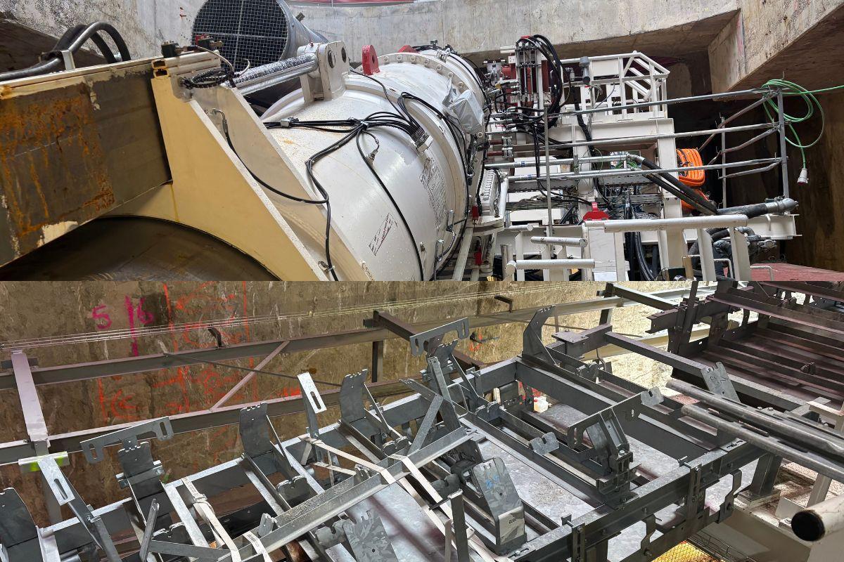 En la parte superior se encuentra el tornillo sinfín, y en la inferior la cinta que transportará la tierra