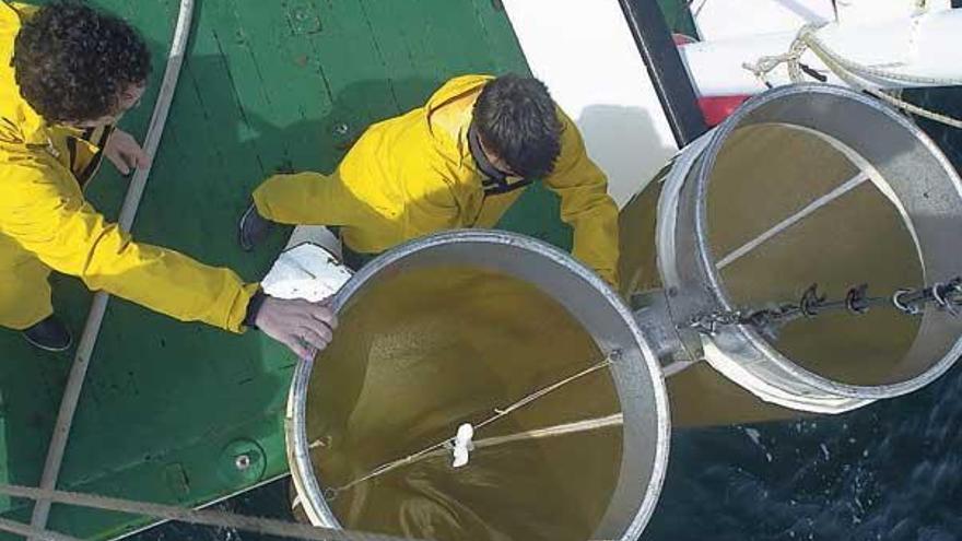 Ángel González (izq.) y otro investigador, a bordo del &quot;Mytilus&quot;, con muestras de zooplancton. // A.F.G.