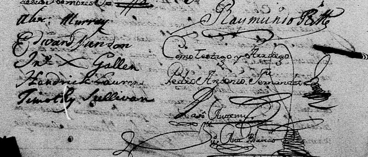A sinatura dos mariñeiros que no ano 1735 presentaron unha reclamación diante do cónsul británico en Vigo para que se lle pagasen os seus soldos.