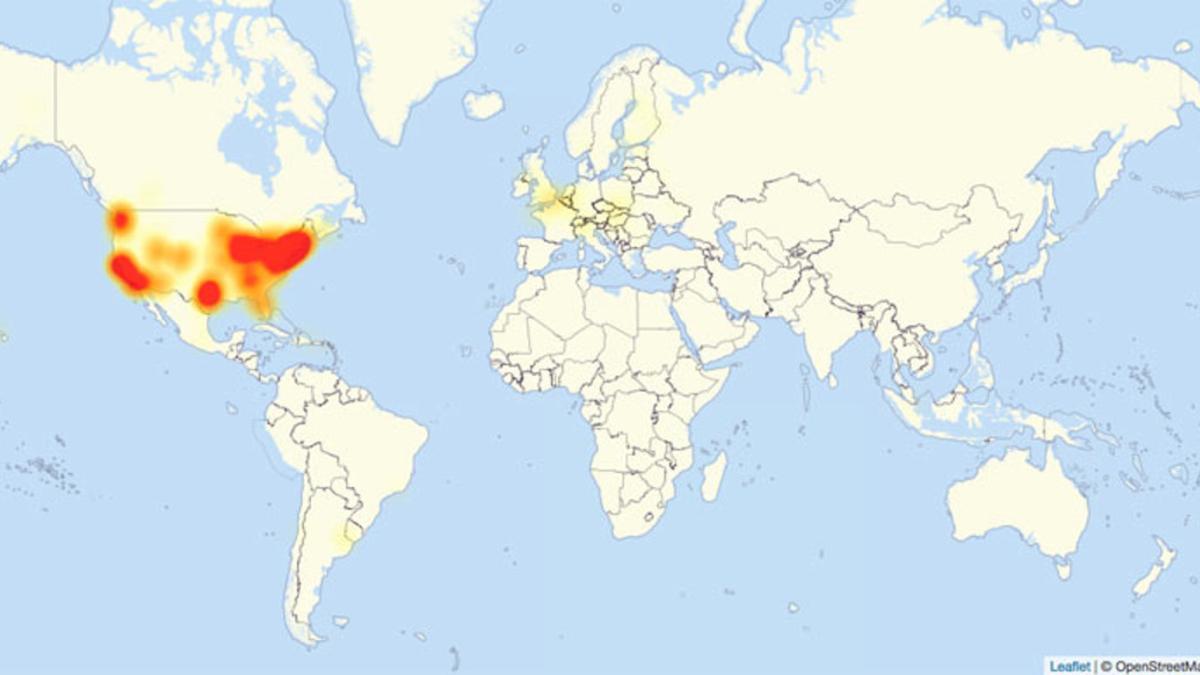 Mapa de la web especializada Downdetector con las zonas afectadas por el ciberataque masivo.