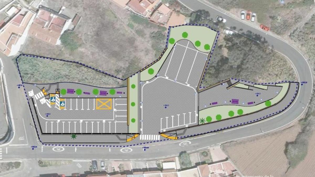 Imagen aérea de la zona de Vista Alegre, en Firgas, en la que se llevará a cabo el proyecto, con una simulación de sus aparcamientos, zona arbolada y lúdica-recreativa.