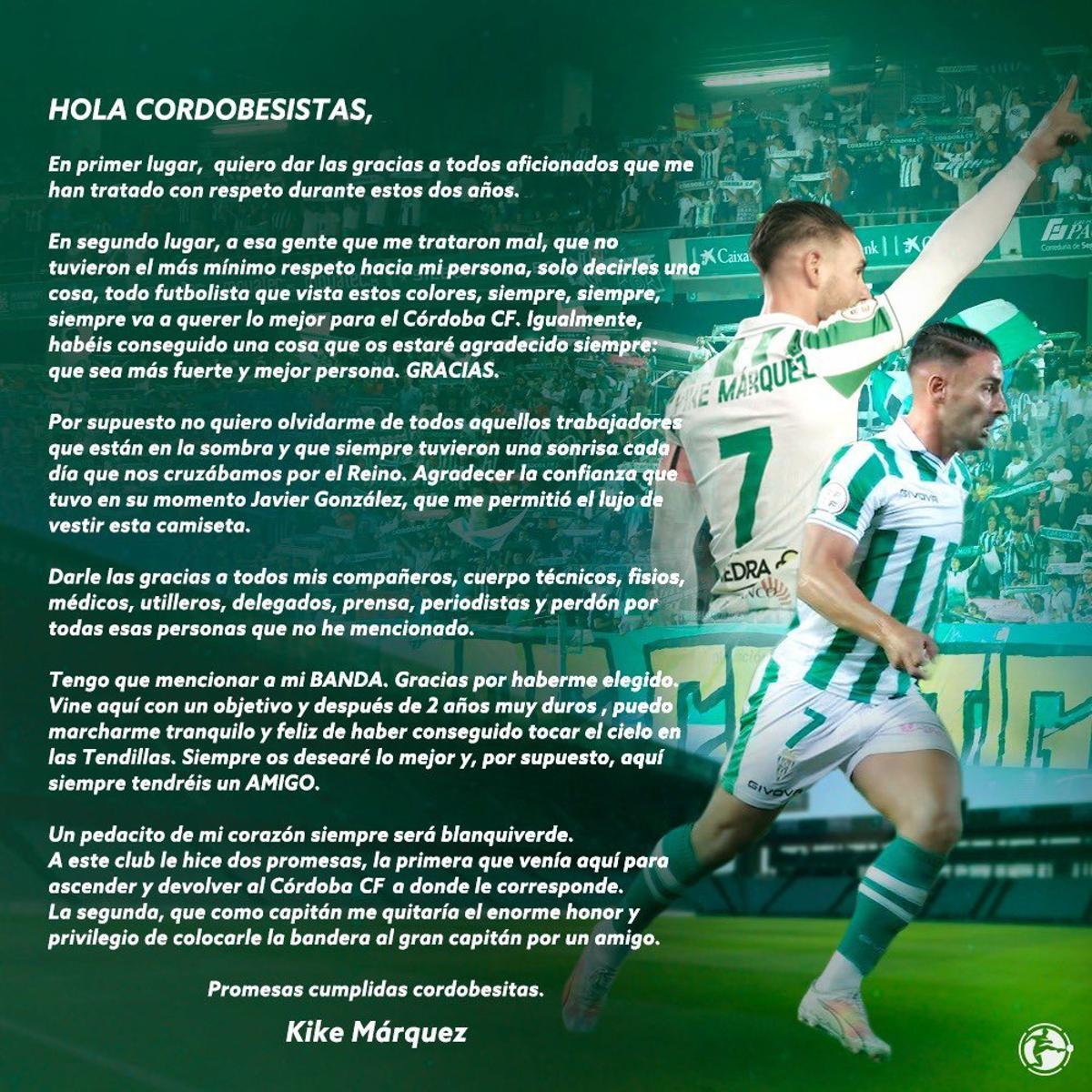 La carta de despedida de Kike Márquez del Córdoba CF.