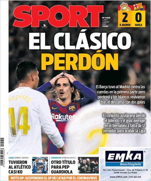 Portada SPORT lunes 2 marzo 2020