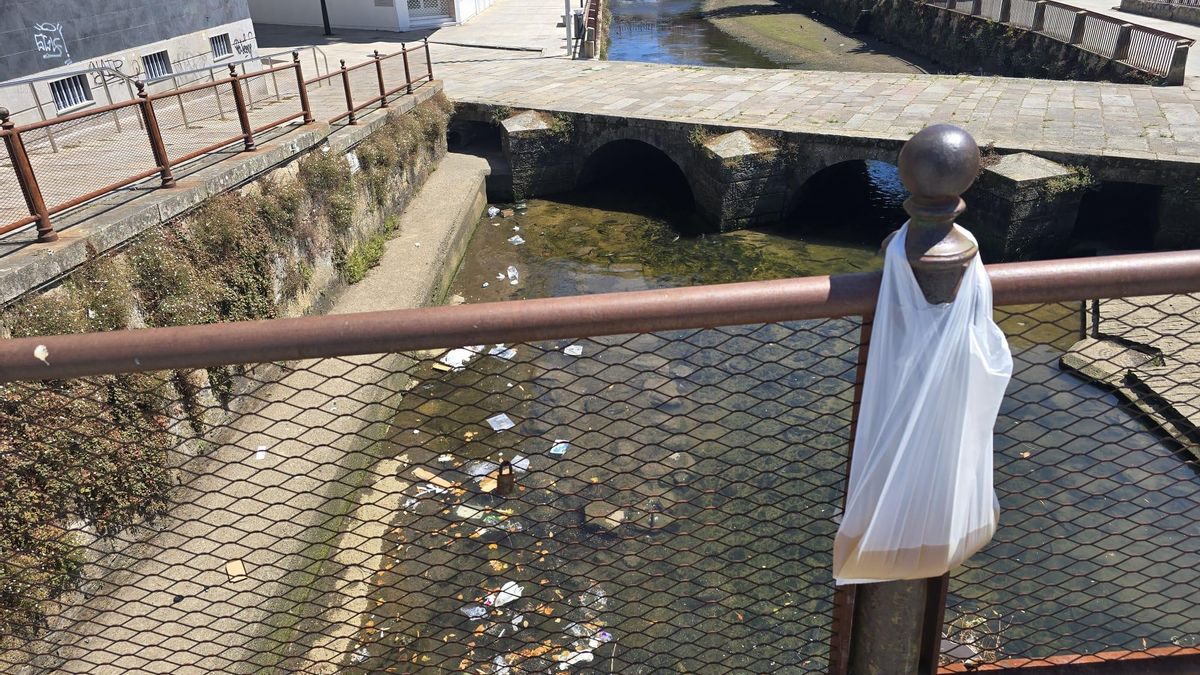Una bolsa abandonada con un líquido amarillento en su interior y algunos de los plásticos que acabaron en el río, esta mañana.